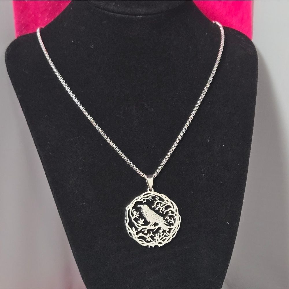 Stainless Steel Raven Crow Tree of Life Pendant Necklace 24" Box Chain Unisex